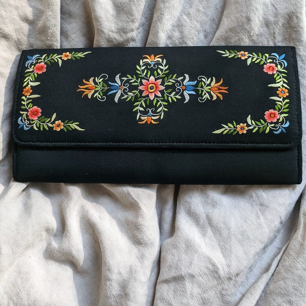 Bag Black Clutch Floral Embroidered Small 10x4x1